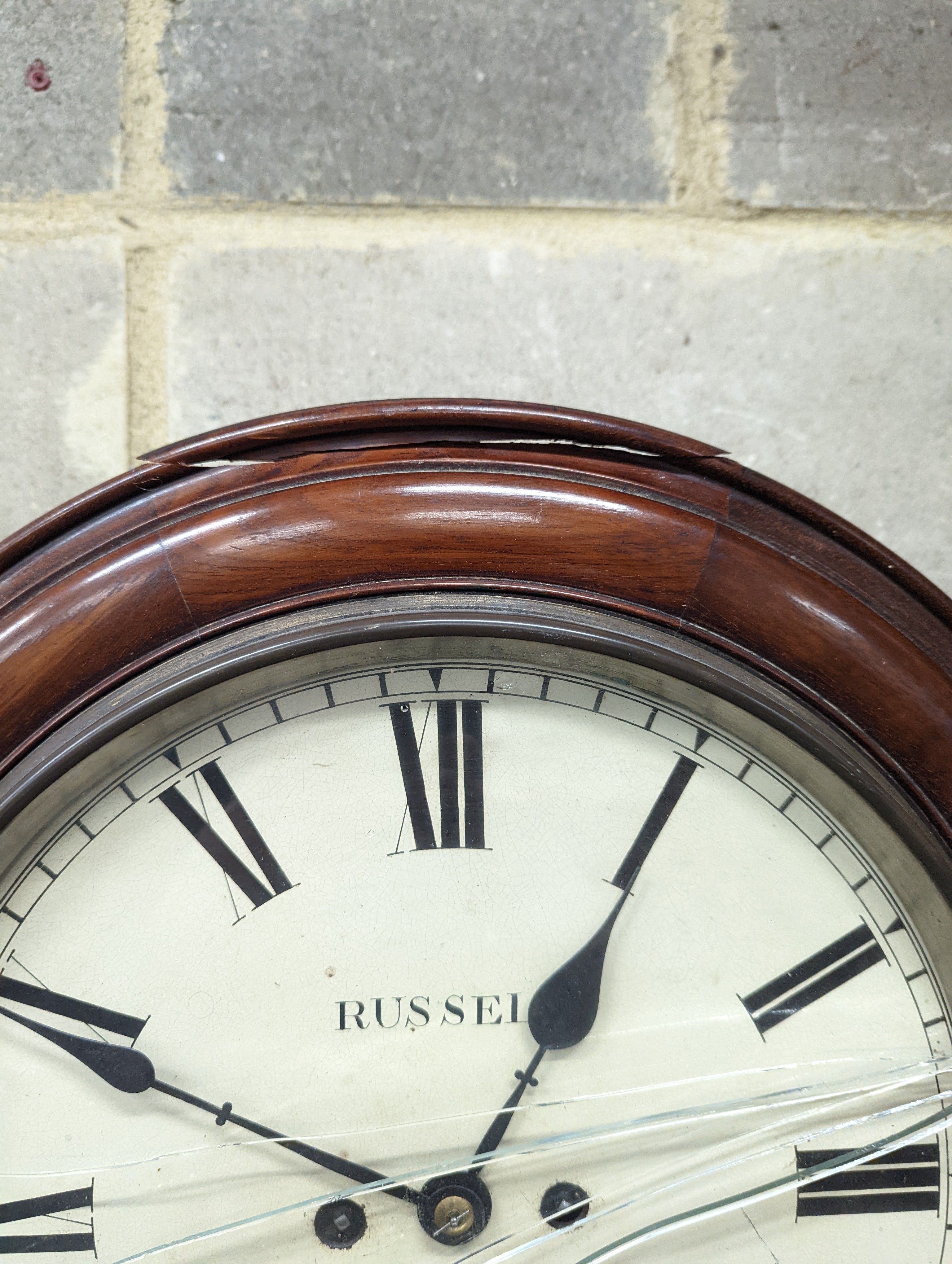 A Victorian mahogany drop dial wall clock, with twin fusee movement, and circular white painted Roman dial signed 